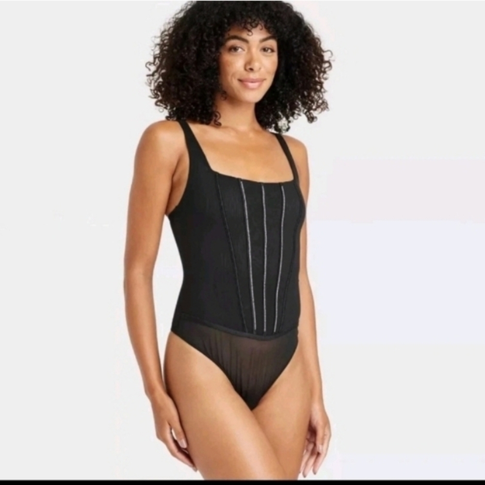 Auden Black Lingerie Bodysuit Thong Rhinestones Bling Mesh Sheer